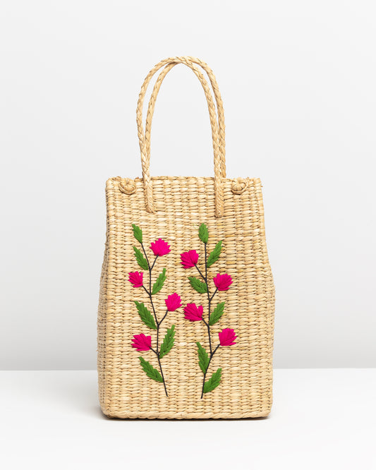 PINK FLOWERS PLAITED TOTE BAG