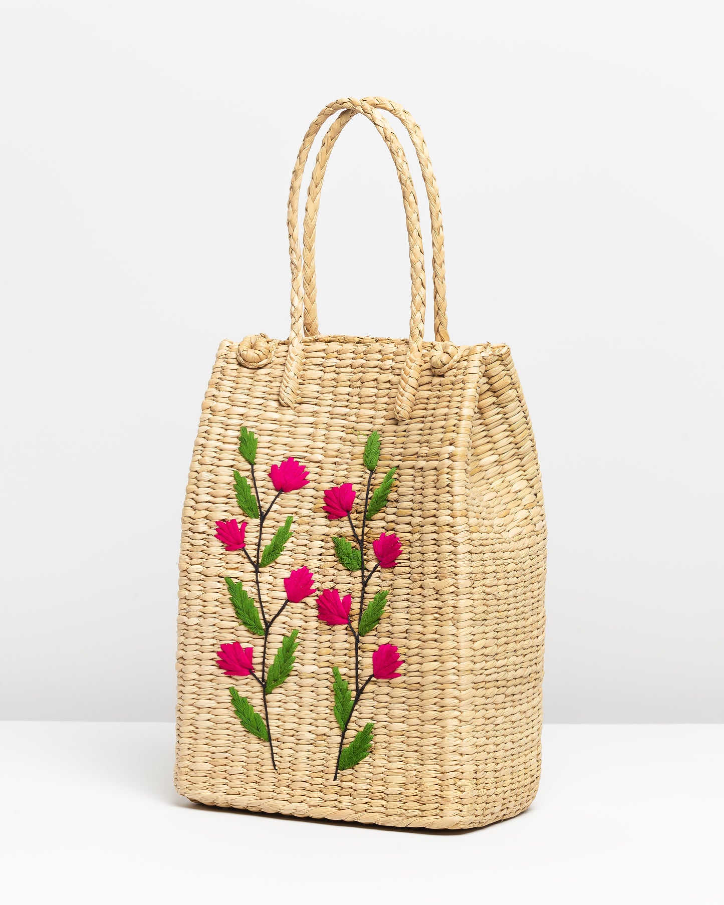 PINK FLOWERS PLAITED TOTE BAG