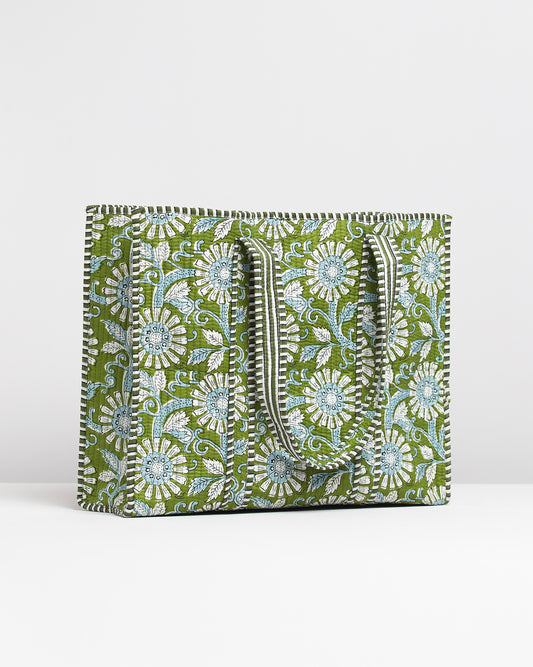 BLUE FLOWERS PRINTED GREEN BAG