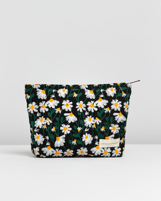 BLACK TOILETRY BAG WITH DAISY DESIGN