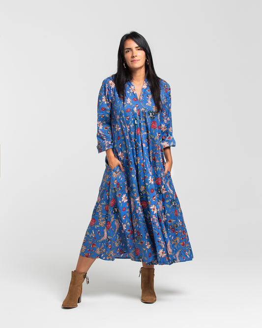 BOTANICAL BLUE BLOCK PRINTED DRESS