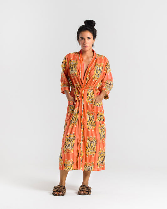 Tiger Block printed Orange Robe