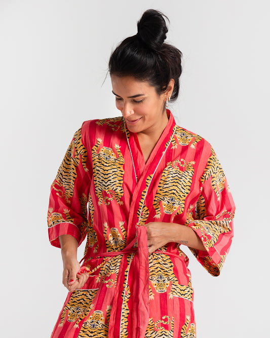 Tiger Block printed Red Robe