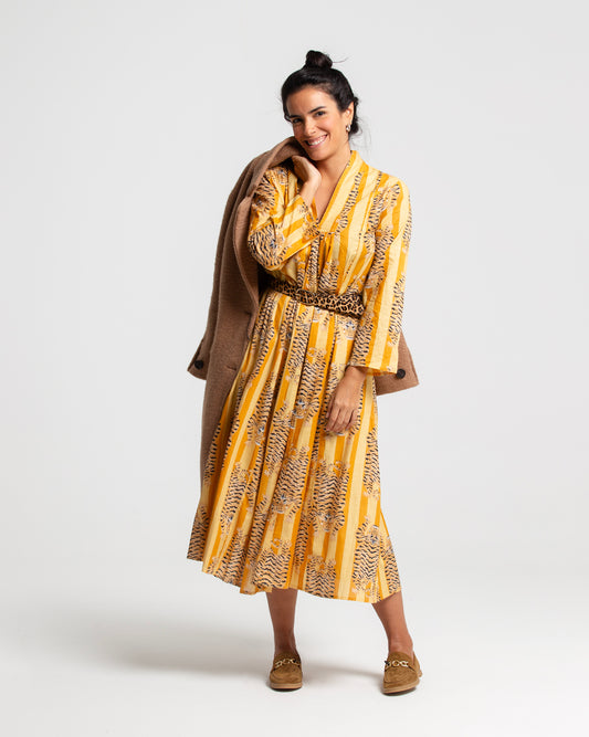 YELLOW TIGER BLOCK PRINTED DRESS