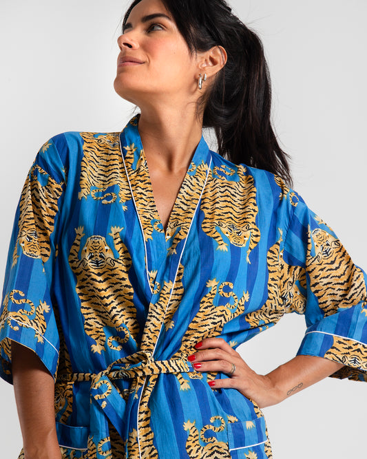 Tiger Block printed Blue Robe